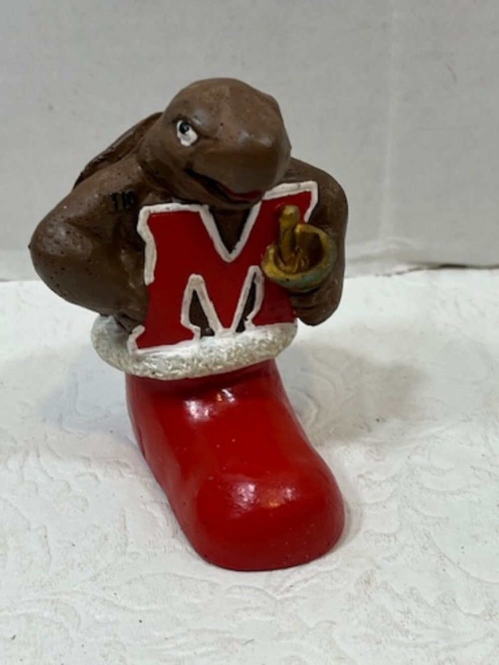 VTG University Of Maryland Mascot Collegiate Christmas Figurine in Red Boot 3"